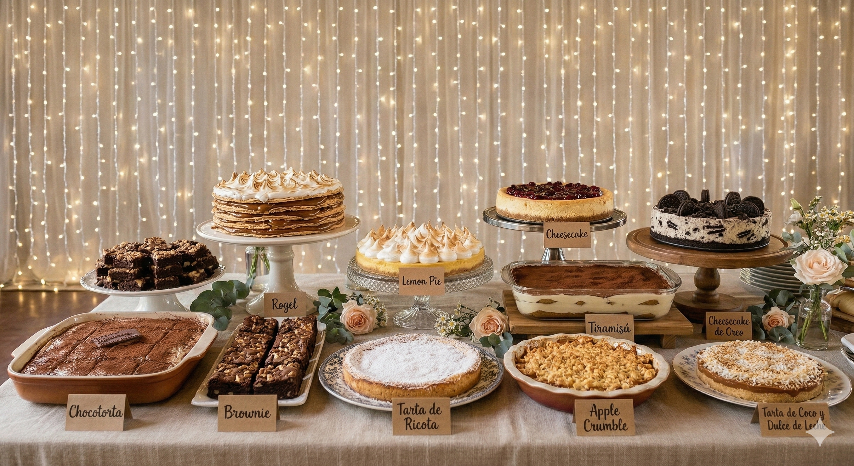 Mesa dulce elegante con variedad de postres y decoración